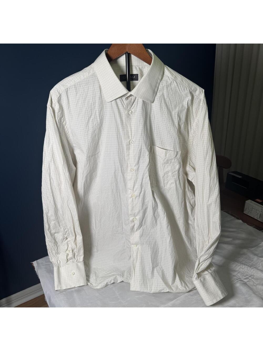 Canali Men's Dress Shirt Off White with Subtle Check Pattern Size 46 / 18